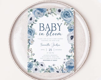 Editable Blue Baby in Bloom Baby Shower Invitation, Boy Spring Flowers Baby Shower Invite, Dusty Blue Wildflower Baby Shower Invitation 0710