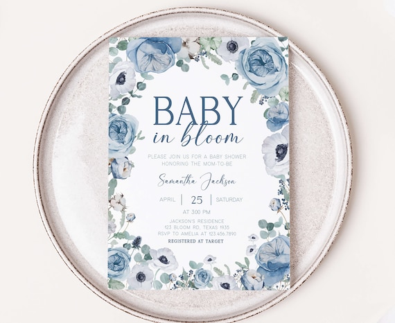 Editable Blue Baby in Bloom Baby Shower Invitation, Boy Spring Flowers Baby Shower Invite, Dusty Blue Wildflower Baby Shower Invitation 0710