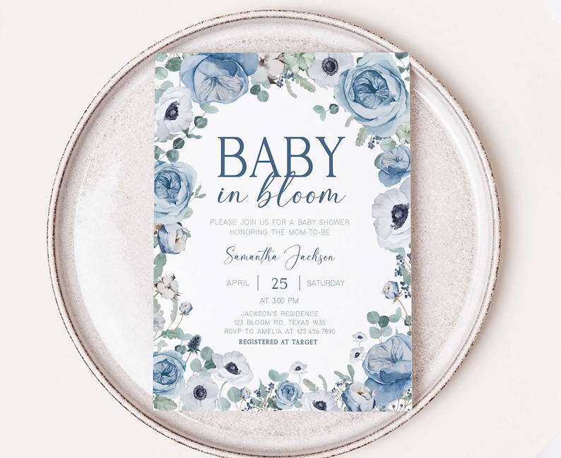 Editable Blue Baby in Bloom Baby Shower Invitation, Boy Spring Flowers Baby Shower Invite, Dusty Blue Wildflower Baby Shower Invitation 0710 image 1