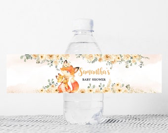 Etiqueta editable de botella de baby shower de Fox floral, etiqueta de agua de baby shower de otoño, pegatinas de botella de Girl Woodland Fox, plantilla de animales del bosque 0355