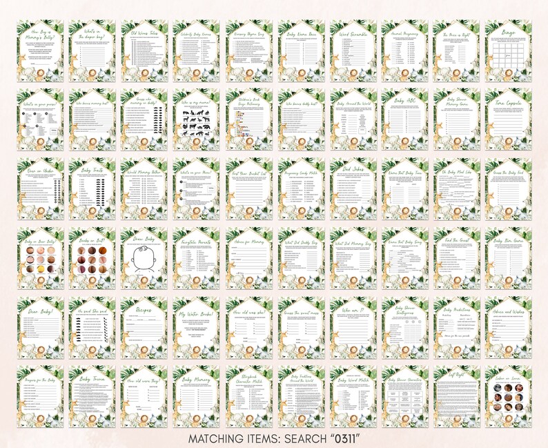 Editable Wild One Baby Shower Games Bundle, Greenery Safari Jungle Baby Shower Game Pack, Boy Jungle Safari Animals Games Set Template 0311 image 3