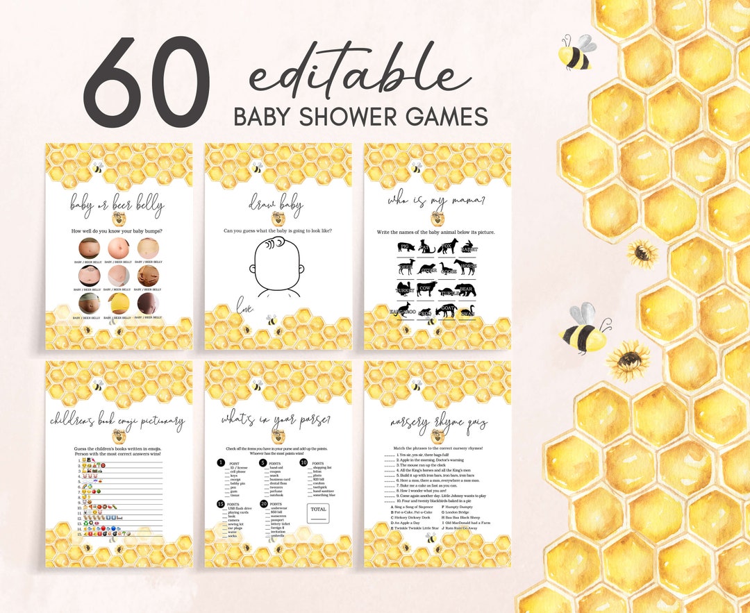Honey Bee Baby Shower Games, Bumble Bee Shower Game Bundle, Babee Baby ...