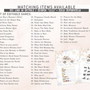 May include: A baby shower game list with various game titles, including "How Big is Mommy's Belly?" and "Baby Trivia." The image also features matching items and a children's book emoji dictionary. The color scheme is soft and pastel.