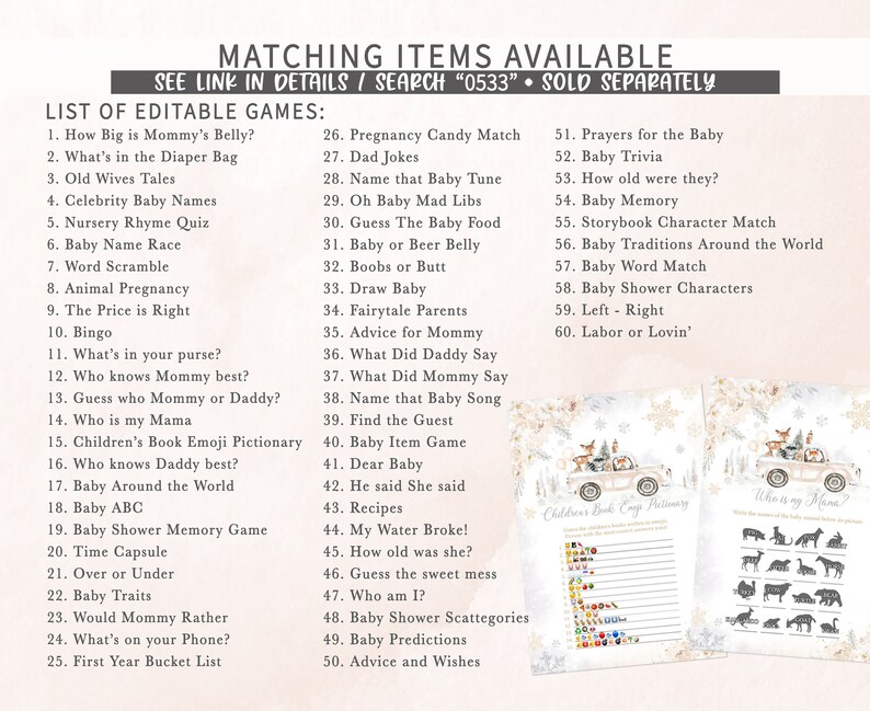 May include: A baby shower game list with various game titles, including "How Big is Mommy's Belly?" and "Baby Trivia." The image also features matching items and a children's book emoji dictionary. The color scheme is soft and pastel.