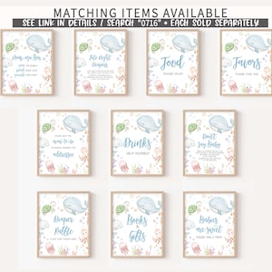 May include: Set of nine printable signs for a baby shower with a nautical theme. The signs feature a blue whale with white stars and a light blue background. The signs include "Mom-to-be Address", "Diaper Raffle", "Books & Gifts", "Drinks", "Food", "Favors", "Don't Say Baby", "Babies are Sweet", and "Late Night Diapers".