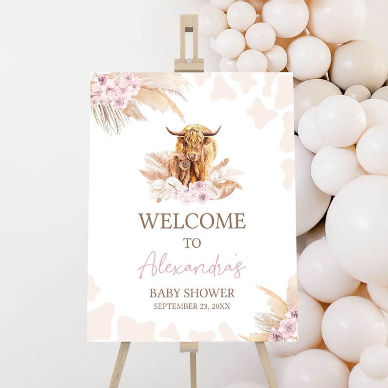 Cartel de bienvenida editable de Boho Highland Cow Baby Shower, cartel de bienvenida de Baby Shower de vaca sagrada rosa, cartel de baby shower Boho de vaca Highland de niña, 0509 imagen 1