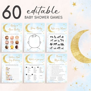 Editable Boy Over the Moon Baby Shower Games Bundle, Blue Moon and Stars Baby Shower Game Pack, Twinkle Little Star Baby Shower, Games, 0752