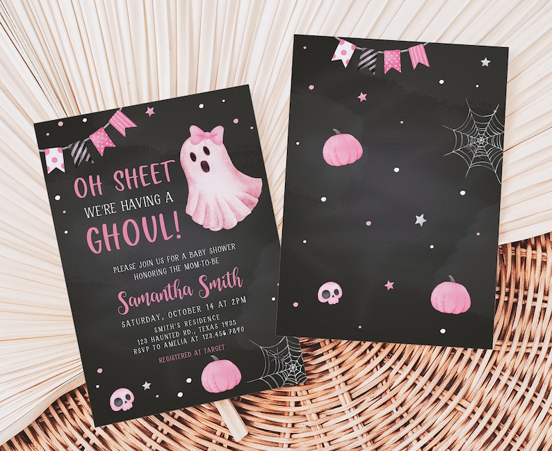 May include: Black Halloween-themed baby shower invitations. The front features a pink ghost with a bow, text that reads "Oh Sheet We're Having a Ghoul!" and event details. The back has pink pumpkins, stars, and a spiderweb design.