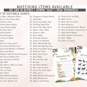 May include: A printable set of baby shower games with a woodland theme. The games include "How Big is Mommy's Belly?", "What's in the Diaper Bag", "Old Wives Tales", "Celebrity Baby Names", "Nursery Rhyme Quiz", "Baby Name Race", "Word Scramble", "Animal Pregnancy", "The Price is Right", "Bingo", "What's in your purse?", "Who knows Mummy best?", "Guess who Mummy or Daddy?", "Who is my Mama", "Children's Book Emoji Pictionary", "Who knows Daddy best?", "Baby Around the World", "Baby ABC", "Baby Shower Memory Game", "Time Capsule", "Over or Under", "Baby Traits", "Would Mommy Rather", "What's on your Phone?", "First Year Bucket List", "Pregnancy Candy Match", "Dad Jokes", "Name that Baby Tune", "Oh Baby Mad Libs", "Guess The Baby Food", "Baby or Beer Belly", "Boobs or Butt", "Draw Baby", "Fairytale Parents", "Advice for Mommy", "What Did Daddy Say", "What Did Mommy Say", "Name that Baby Song", "Find the Guest", "Baby Item Game", "Dear Baby", "He said She said", "Recipes", "My Water Broke!", "How old was she?", "Guess the sweet mess", "Who am I?", "Baby Shower Scattegories", "Baby Predictions", "Advice and Wishes", "Prayers for the Baby", "Baby Trivia", "How old were they?", "Baby Memory", "Storybook Character Match", "Baby Traditions Around the World", "Baby Word Match", "Baby Shower Characters", "Left - Right", "Labor or Lovin'".