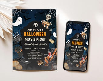 Faire-part d'une soirée cinéma modifiable, invitation d'Halloween, invitation à une soirée cinéma dans la cour, invitation de film, invitation effrayante d'Halloween, 14SE