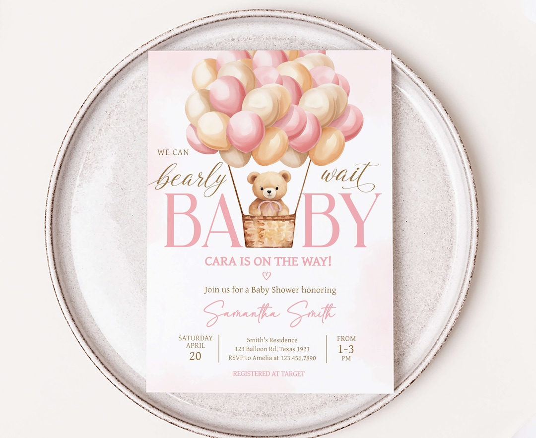 Editable Pink We Can Bearly Wait Baby Shower Invitation, Girl Bear Baby