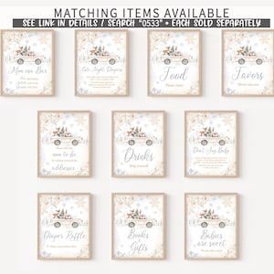 May include: A collection of framed signs with a winter theme. Each sign features a vintage truck illustration with woodland animals and text such as "Mom esa Bar", "Late Night Diapers", "Food", and "Favors". The signs are in neutral tones with snowflake accents.