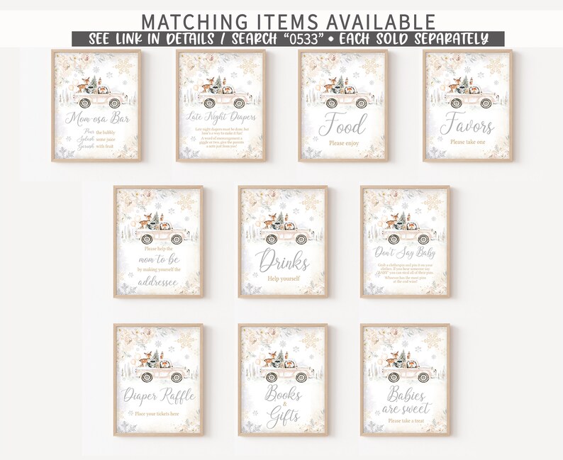 May include: A collection of framed signs with a winter theme. Each sign features a vintage truck illustration with woodland animals and text such as "Mom esa Bar", "Late Night Diapers", "Food", and "Favors". The signs are in neutral tones with snowflake accents.