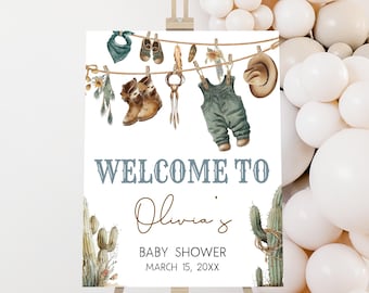 Editable A Little Cowboy Baby Shower Welcome Sign, Cowboy Baby Clothes Boho Baby Shower Welcome Poster, Wild West Rodeo Baby Shower, 01043