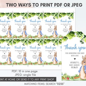 Puede incluir: Diez etiquetas de agradecimiento imprimibles con una ilustraci&oacute;n de acuarela de Peter Rabbit con una chaqueta azul. Las etiquetas son para un baby shower y dicen "Gracias por consentir a nuestro beb&eacute; con amor" y "Baby Shower de Scarlet 03.26.23".