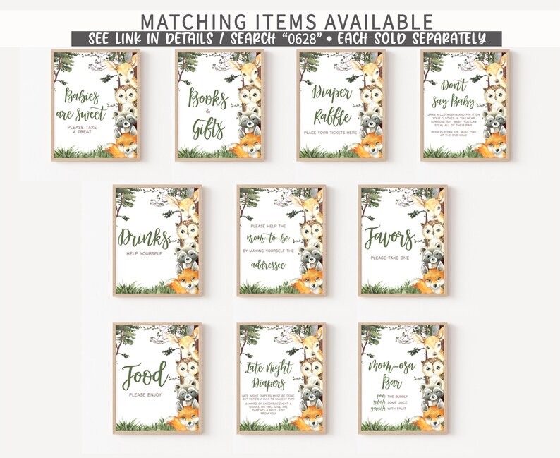 May include: Printable signs for a baby shower with a woodland theme. The signs feature a variety of animals including owls, deer, raccoons, and foxes. The signs have text that says "Babies are Sweet", "Books & Gifts", "Diaper Raffle", "Don't Say Baby", "Drinks", "Please Help the Mom-to-be", "Favors", "Food", "Late Night Diapers", and "Mom-osa Bar".