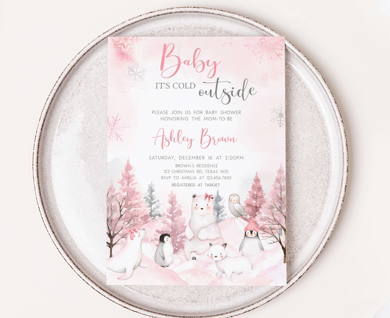 Bearbeitbares Mädchen Arktische Tiere-Babyparty-Einladung, Rosa Winter-Babyparty-Einladung, Rosa Baby Es ist kalt draußen Babyparty-Einladung, 0568 Bild 1
