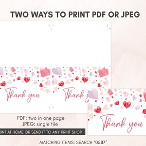 two valentine's day thank cards with hearts on them