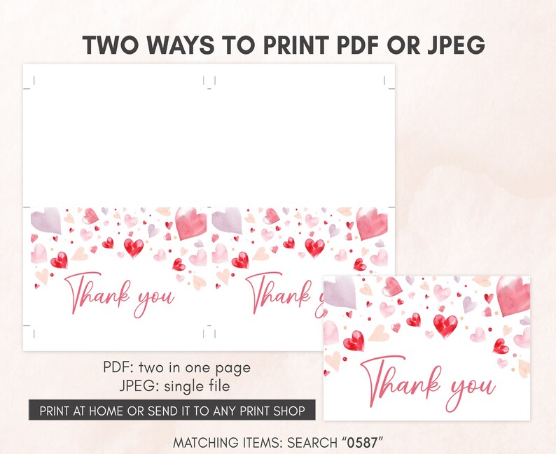 two valentine's day thank cards with hearts on them
