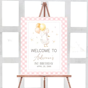 Editable One Silly Goose Birthday Welcome Sign, Pink Silly Goose Party Sign, Girl 1st Birthday Sign, Goose Daisy Gingham Welcome Poster 60BD