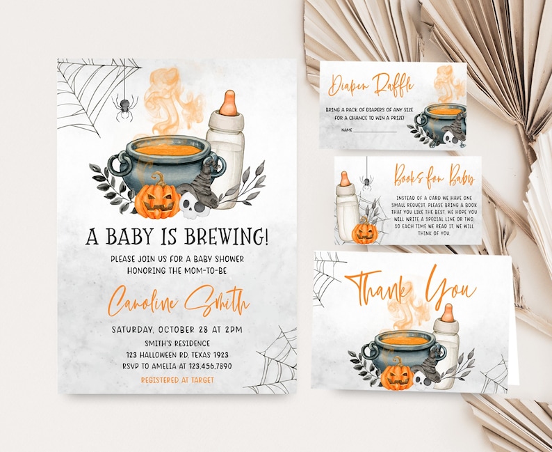 Editable A Baby is Brewing Halloween Baby Shower Invitation Bundle, Gender Neutral Halloween Baby Shower Invite Set, Witch Baby Shower, 0489 image 1