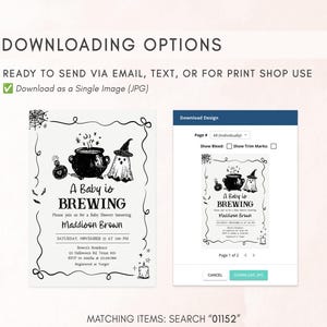The image is a Halloween-themed baby shower invitation featuring a baby in a witch's hat and a cauldron.