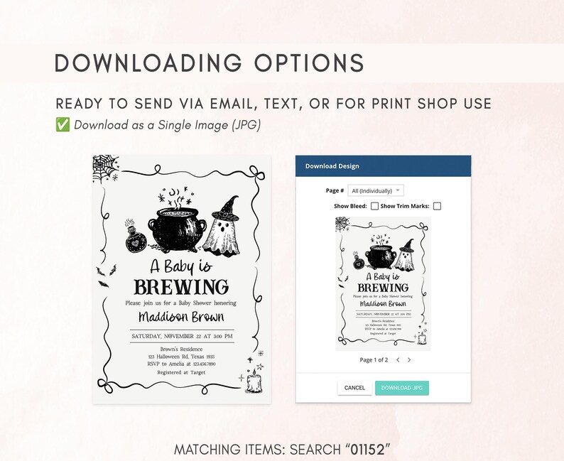 The image is a Halloween-themed baby shower invitation featuring a baby in a witch's hat and a cauldron.