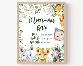 Safari Baby Shower Mom Osa Bar Sign, Jungle Baby Shower Momosa Sign, Greenery Safari Animals Mimosa Gender Neutral Printable Template 0222