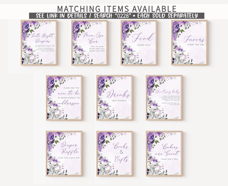 May include: Purple and white floral baby shower signs with bunny illustrations. The signs include titles like "Late Night Diapers", "Mom-osa Bar", "Food", "Favors", "Drinks", "Don't Say Baby", "Diaper Raffle", "Books & Gifts", and "Babies are Sweet".
