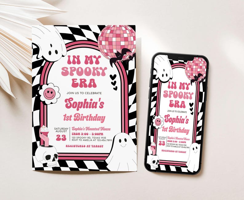 a pink and black birthday party with a phone