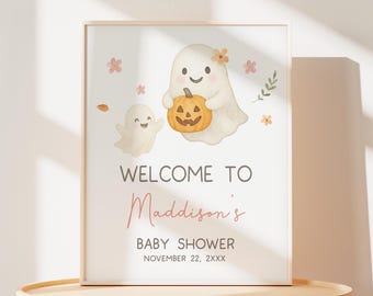 Letrero de bienvenida editable para baby shower "Nuestro pequeño Boo está a punto de nacer", póster rosa con un lindo fantasma para baby shower, letrero espeluznante para baby shower de Halloween para niña, 01153