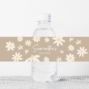 Editable Daisy Baby Shower Bottle Label, Daisy Flower Boho Baby Shower Water Label, Groovy Daisy Retro Baby Shower Water Bottle Sticker 0634 image 1