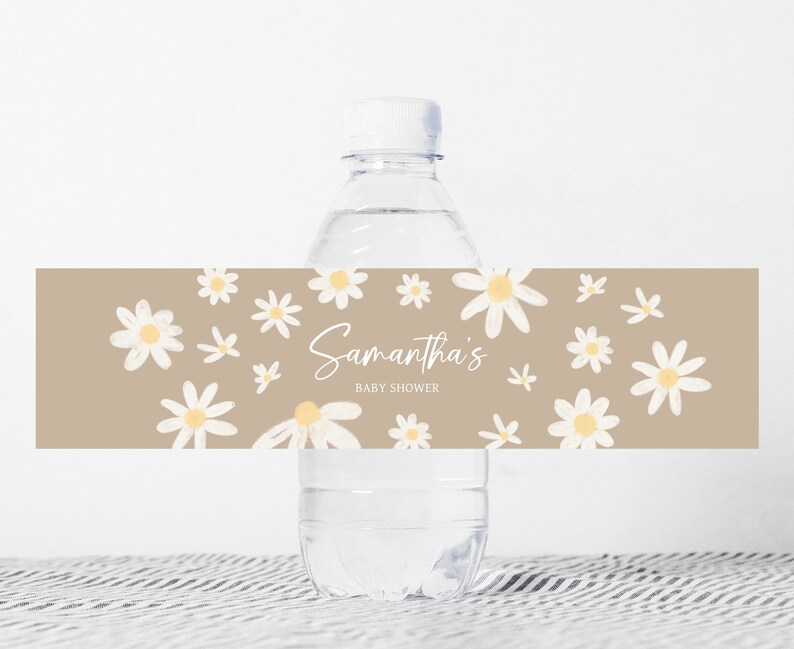 Editable Daisy Baby Shower Bottle Label, Daisy Flower Boho Baby Shower Water Label, Groovy Daisy Retro Baby Shower Water Bottle Sticker 0634 image 1