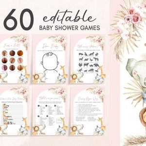 May include: A set of 60 printable baby shower game cards featuring a jungle theme with pink, brown, and white colors. The cards include games like "Baby on Board?", "Draw Baby", "What's in your purse?", "Children's Book Song Matching", and "Mommy Pop Quiz".
