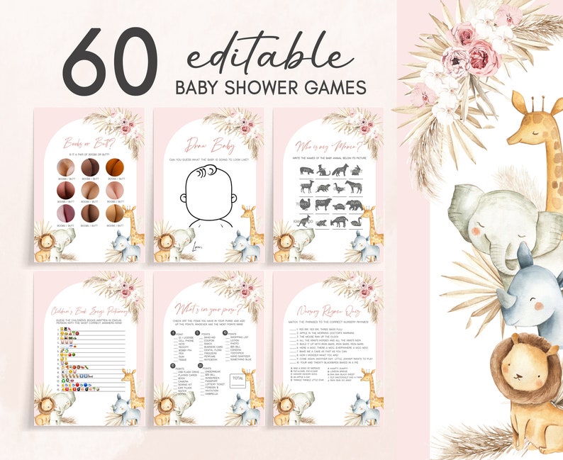 May include: A set of 60 printable baby shower game cards featuring a jungle theme with pink, brown, and white colors. The cards include games like "Baby on Board?", "Draw Baby", "What's in your purse?", "Children's Book Song Matching", and "Mommy Pop Quiz".
