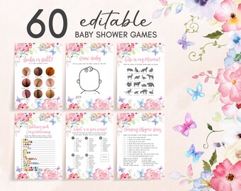 Paquete de juegos de baby shower de mariposas editables Paquete de juegos de ducha de mariposas florales de primavera Plantilla imprimible de bebé en flor de mariposa pastel 0229
