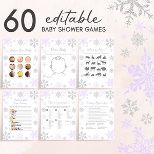 Edytowalny zestaw gier na baby shower Purple A Little Snowflake, pakiet gier na baby shower Purple Snowflake, zestaw gier na baby shower dla dziewczynek Winter, 0540 zdjęcie 1