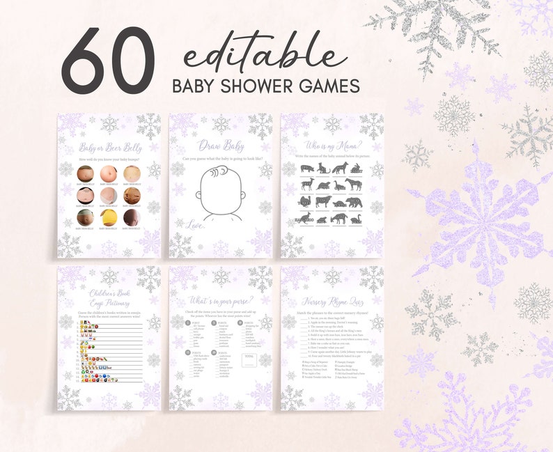 Edytowalny zestaw gier na baby shower Purple A Little Snowflake, pakiet gier na baby shower Purple Snowflake, zestaw gier na baby shower dla dziewczynek Winter, 0540 zdjęcie 1