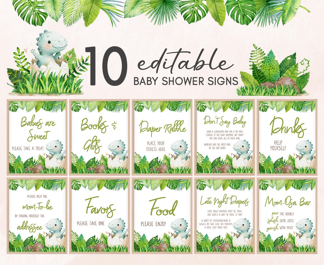 Editable Dinosaur Baby Shower Table Sign, Hatching Soon Cute Dino Baby Shower Bundle Sign, Neutral Greenery Dino Baby Shower Decor, 01038