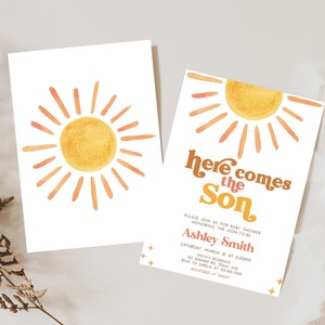 Editable Sunshine Baby Shower Invitation, Here Comes the Son Baby Shower Invite, Retro Sun Baby Shower Invite, Boy Boho Sunshine Invite 0640 image 2
