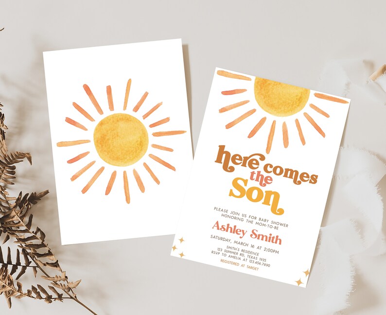 Editable Sunshine Baby Shower Invitation, Here Comes the Son Baby Shower Invite, Retro Sun Baby Shower Invite, Boy Boho Sunshine Invite 0640 image 2
