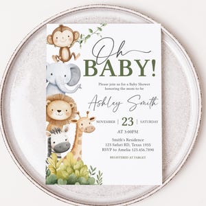 Editable Oh Baby Safari Baby Shower Invitation, Minimalist Jungle Baby Shower Invite, Gender Neutral Baby Safari Animals Shower Invite, 0994