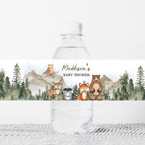 Editable Adventure Awaits Baby Shower Water Bottle Labels Woodland Animals Baby Shower Bottle Label Forest Mountain Printable Template 0195