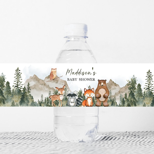 Editable Adventure Awaits Baby Shower Water Bottle Labels Woodland Animals Baby Shower Bottle Label Forest Mountain Printable Template 0195