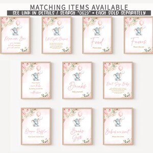 May include: Nine printable signs for a baby shower with a pink and gray elephant theme. The signs include "Mom-osa Bar", "Late Night Diapers", "Food", "Favors", "Drinks", "Don't Say Baby", "Diaper Raffle", "Books & Gifts", and "Babies are Sweet".