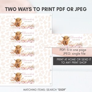 May include: Five printable labels featuring a Highland cow with pink flowers and greenery. The labels say "Alexandras Baby Shower" and are designed for water bottles. The text "PDF: 5 in one page JPEG: single file PRINT AT HOME OR SEND IT TO ANY PRINT SHOP MATCHING ITEMS: SEARCH "0509"" is also included.