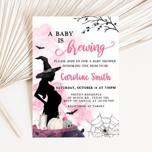 Editable A Baby is Brewing Girl Halloween Baby Shower Invitation, Pink Witch Baby Shower Invite, Halloween Baby Shower Invite Template 0452 image 3