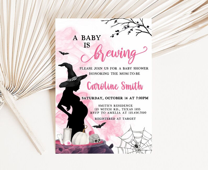 Editable A Baby is Brewing Girl Halloween Baby Shower Invitation, Pink Witch Baby Shower Invite, Halloween Baby Shower Invite Template 0452 image 3