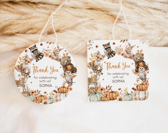 Editable Woodland Birthday Round Favor Tag, Forest Animals First Birthday Tag, Fall Woodland Animals Favor Tag, Floral Pumpkin Favors, 87BD
