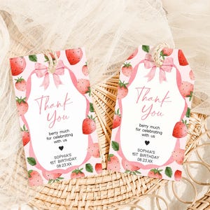 Bearbeitbare Erdbeer-Geburtstags-Favor-Tags, Beere zum ersten Geburtstag Tags, Schleife zum 1